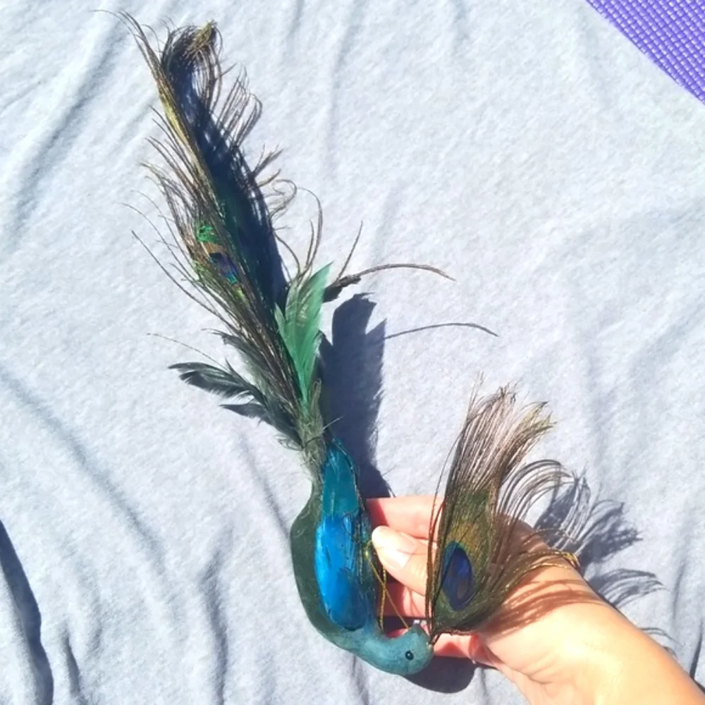Peacock Figurine With Real Feathers Boho Glam Add On Gift Decor Boho Cottage New
